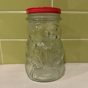 Vintage Kraft Strawberry Jam Snowman Clear Glass Jar